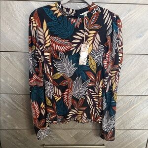 gimmicks by BKE Black Long Sleeve Top with Teal, Rust & Mustard Leaf Print
